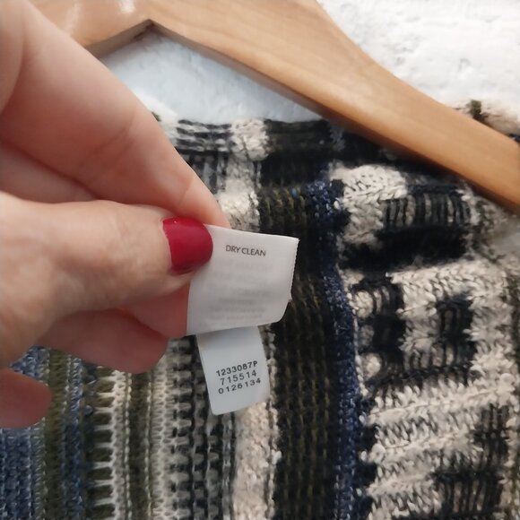 J Jill Open Sweater Cardigan XL Green Blue Southwest Aztec Fringe Wool Blend - Picture 11 of 12